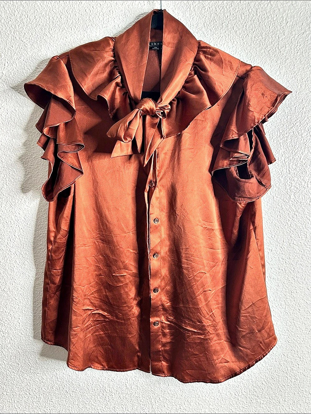 theory Ruffle Sleeve Silk Blouse in Brown XL